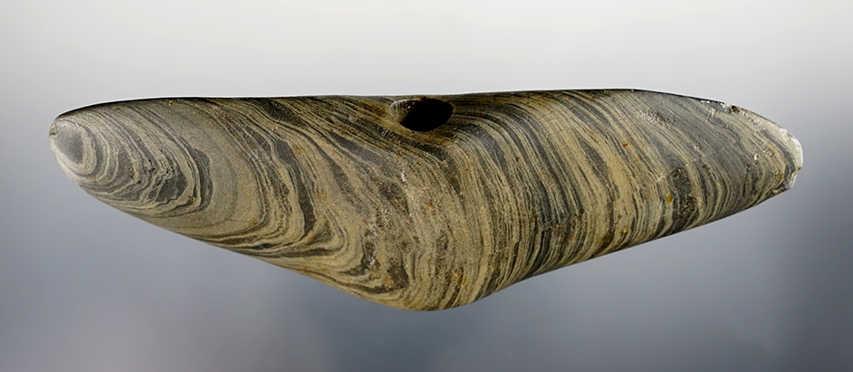 5 1/2" Wing Bannerstone made from Glacial Slate. Found in Holmes Co., Ohio. Ex. Olenick, Heath. 