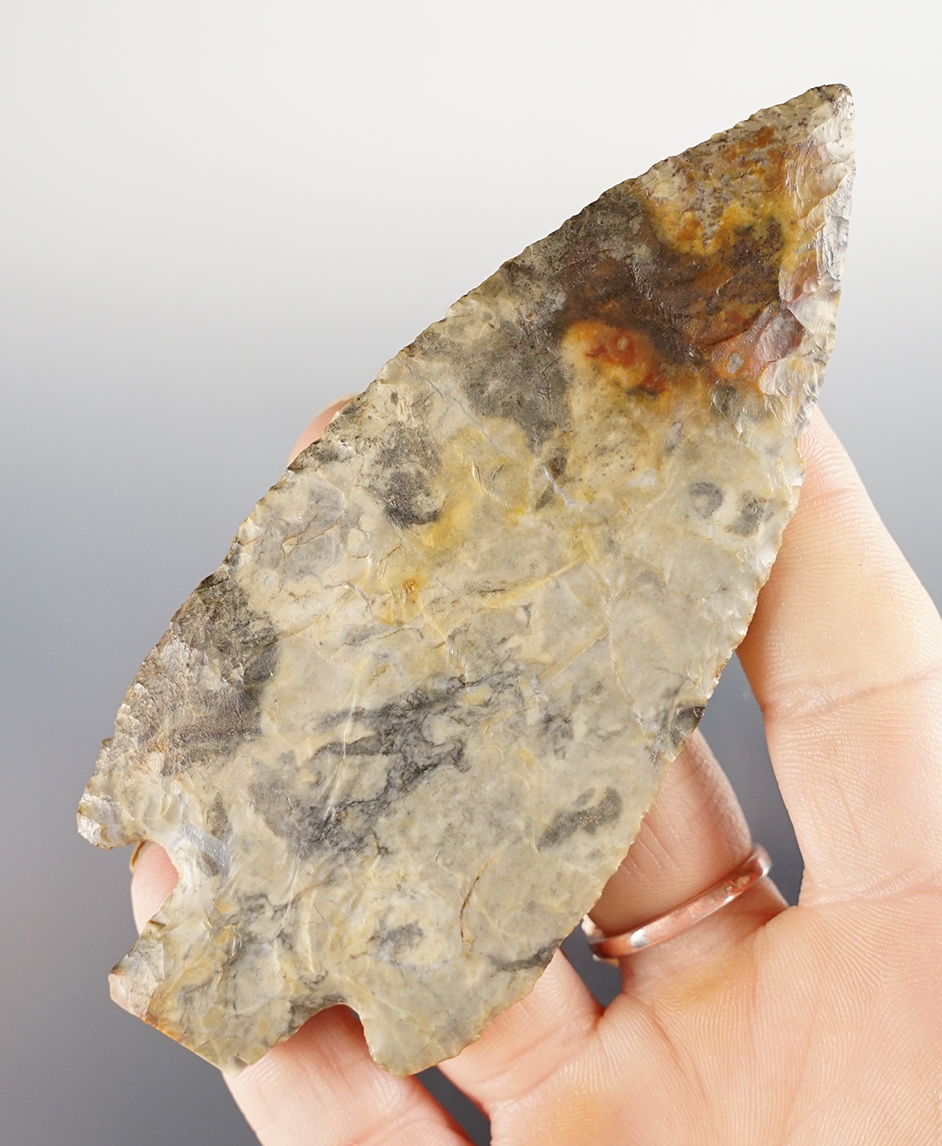 Nice! 4 1/4" long Narrow Stem Adena made from Upper Mercer Flint. Found in Ohio. 