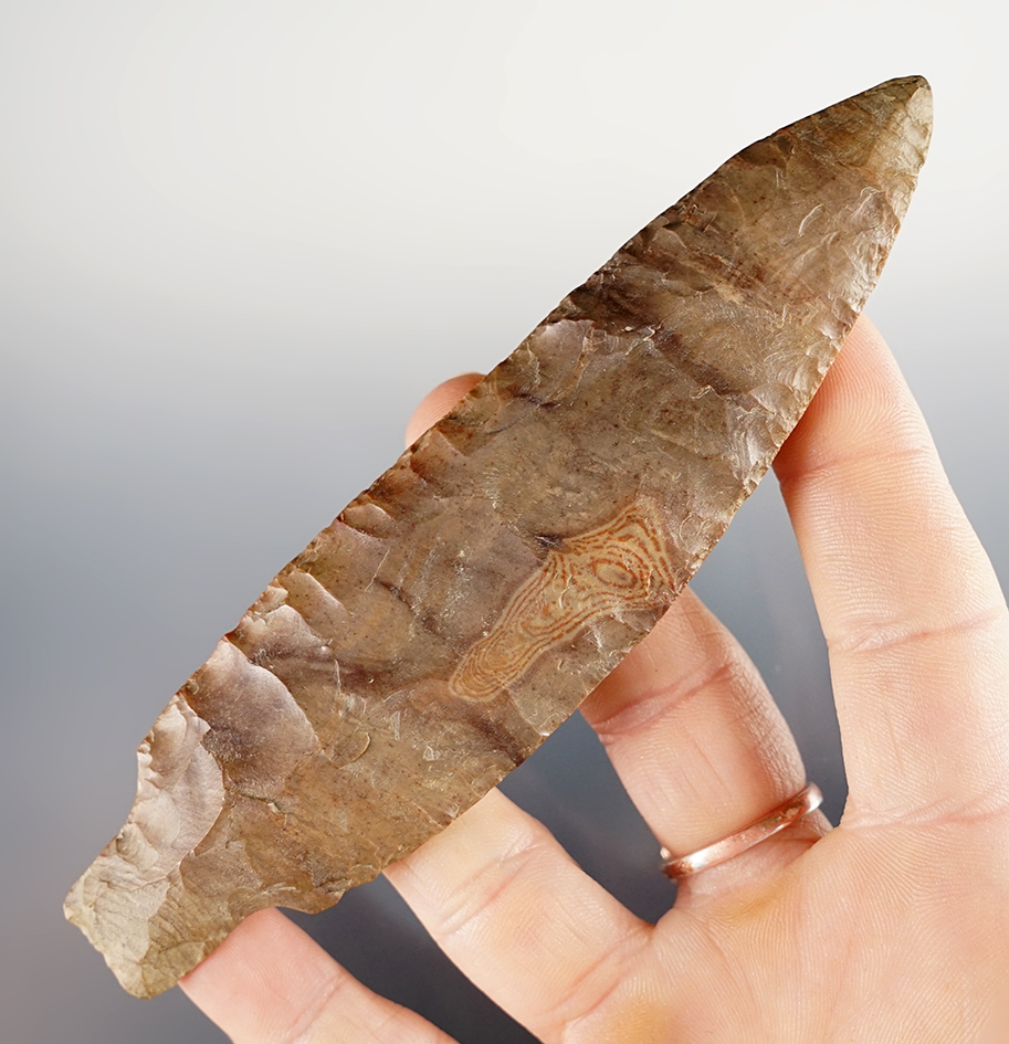 5 3/16" Adena Narrow Stem made from beautiful Plum Run Flint. Found in Portage Co., Ohio. COA. 