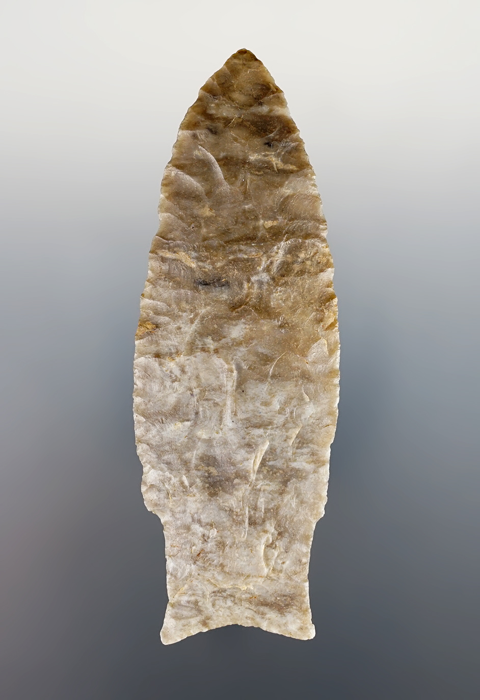 4 1/16" Stringtown Lance made from beautifully mottled Upper Mercer Flint. Found in central Ohio.