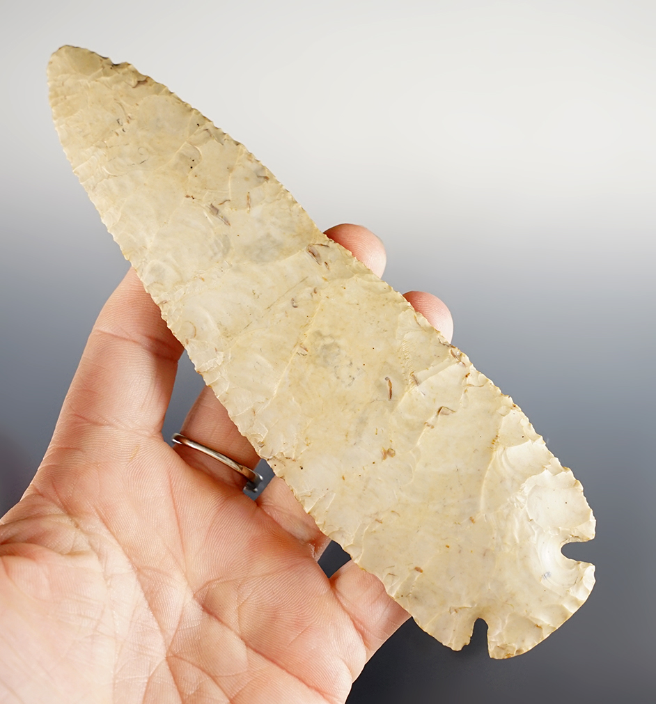 Large 6 1/4" Archaic Dovetail made from cream colored Flint Ridge Chalcedony. Pictured.