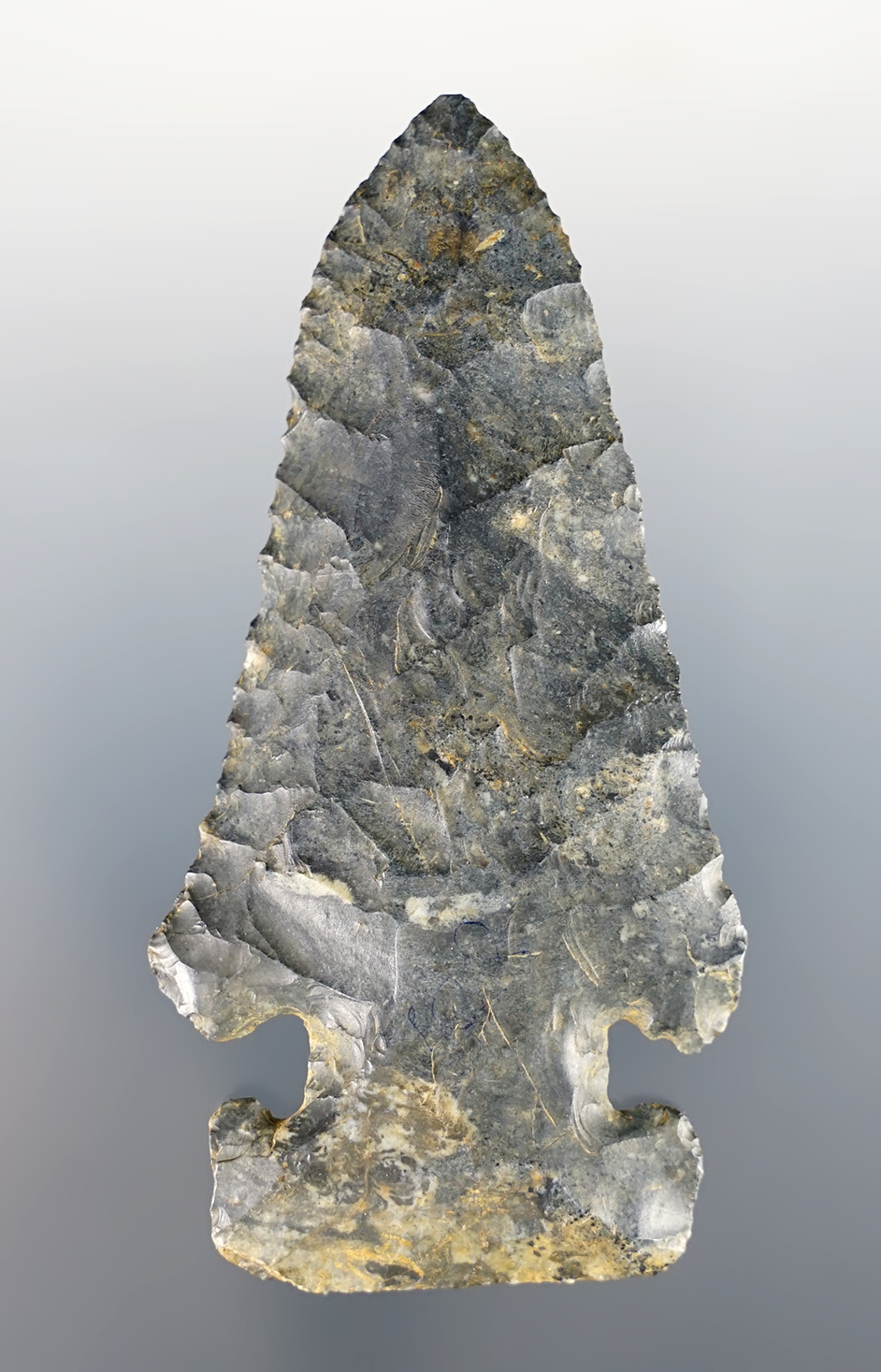 Classic style 3 5/16" Archaic Thebes E-Notch Bevel made from Coshocton Flint. Found in Ohio. 