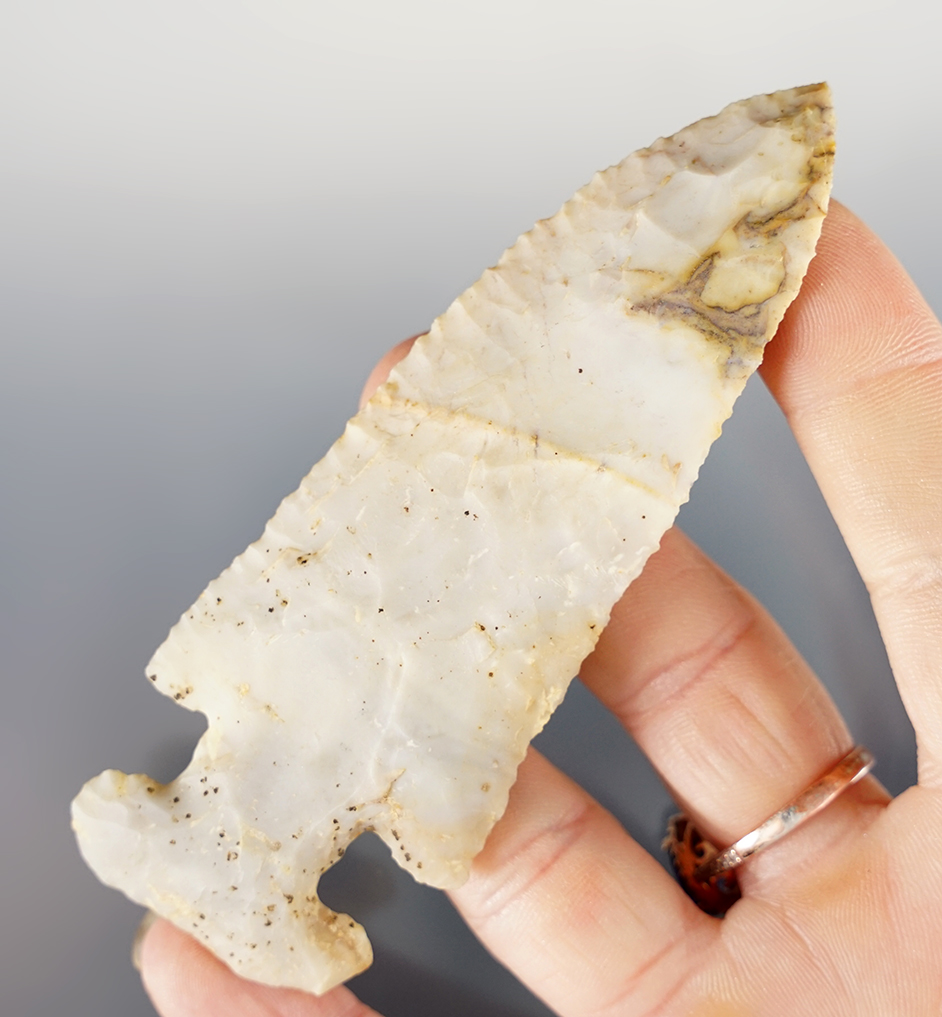 Classic style 4" Flint Ridge Flint Archaic E-Notch Thebes. Found in Ohio. Ex. Morast, Tommy Beutell. 
