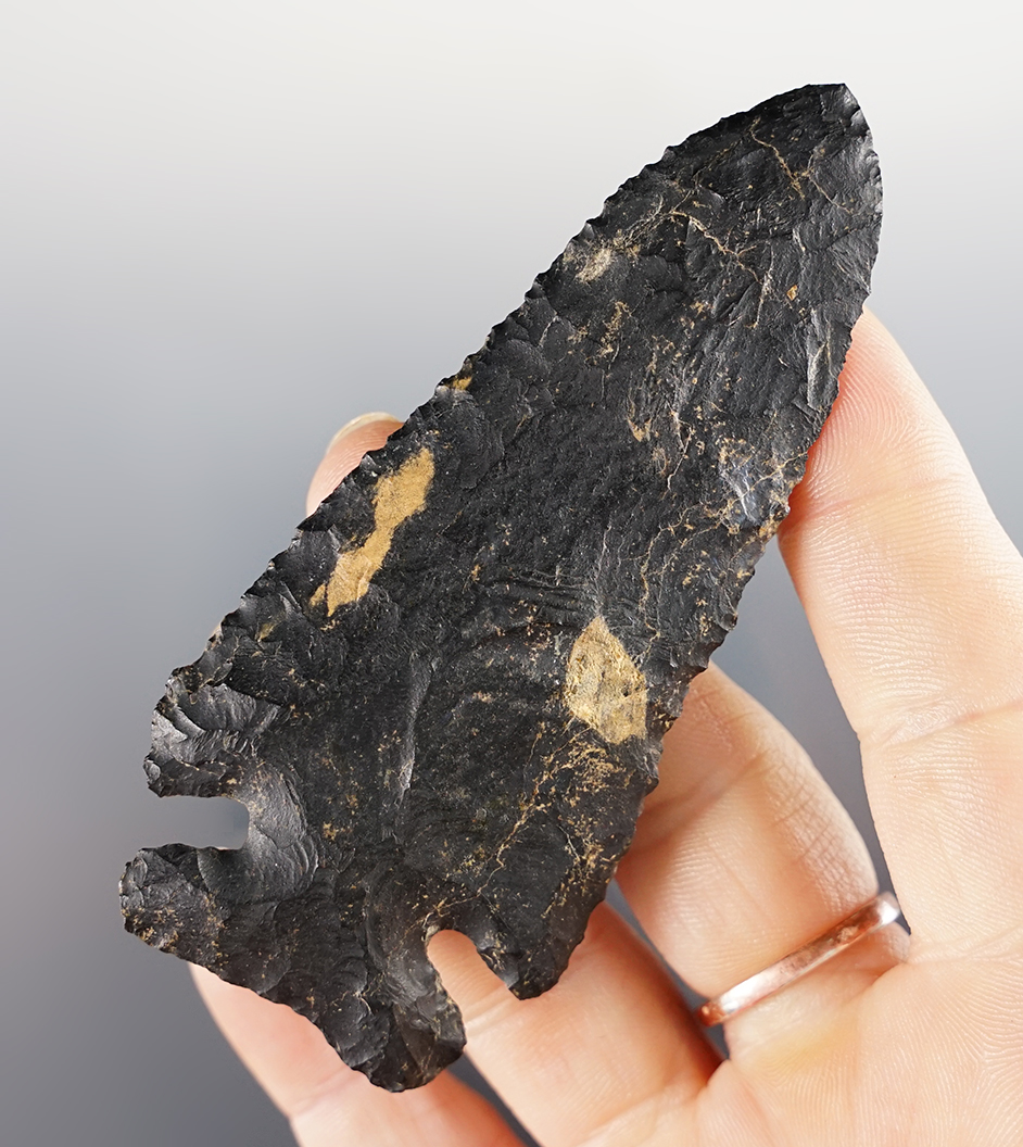 3 9/16" Archaic Thebes made from well patinated Coshocton Flint. Found in Hocking Co., Ohio. 