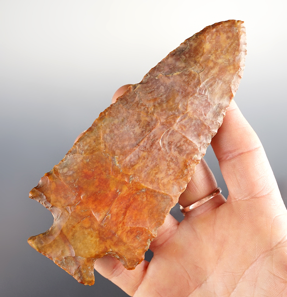 Incredible color on this 5 1/8" Flint Ridge Flint Hopewell Knife recovered in Hancock Co., Ohio. 
