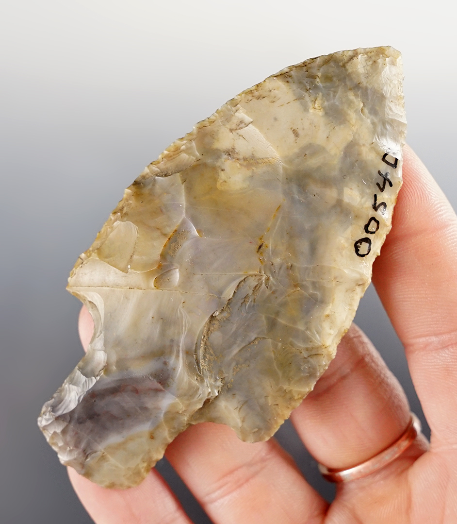 3 1/2" Late Adena made from beautiful Flint Ridge Flint. Found in Auglaize Co., Ohio. Ex. Britt, Kiel.