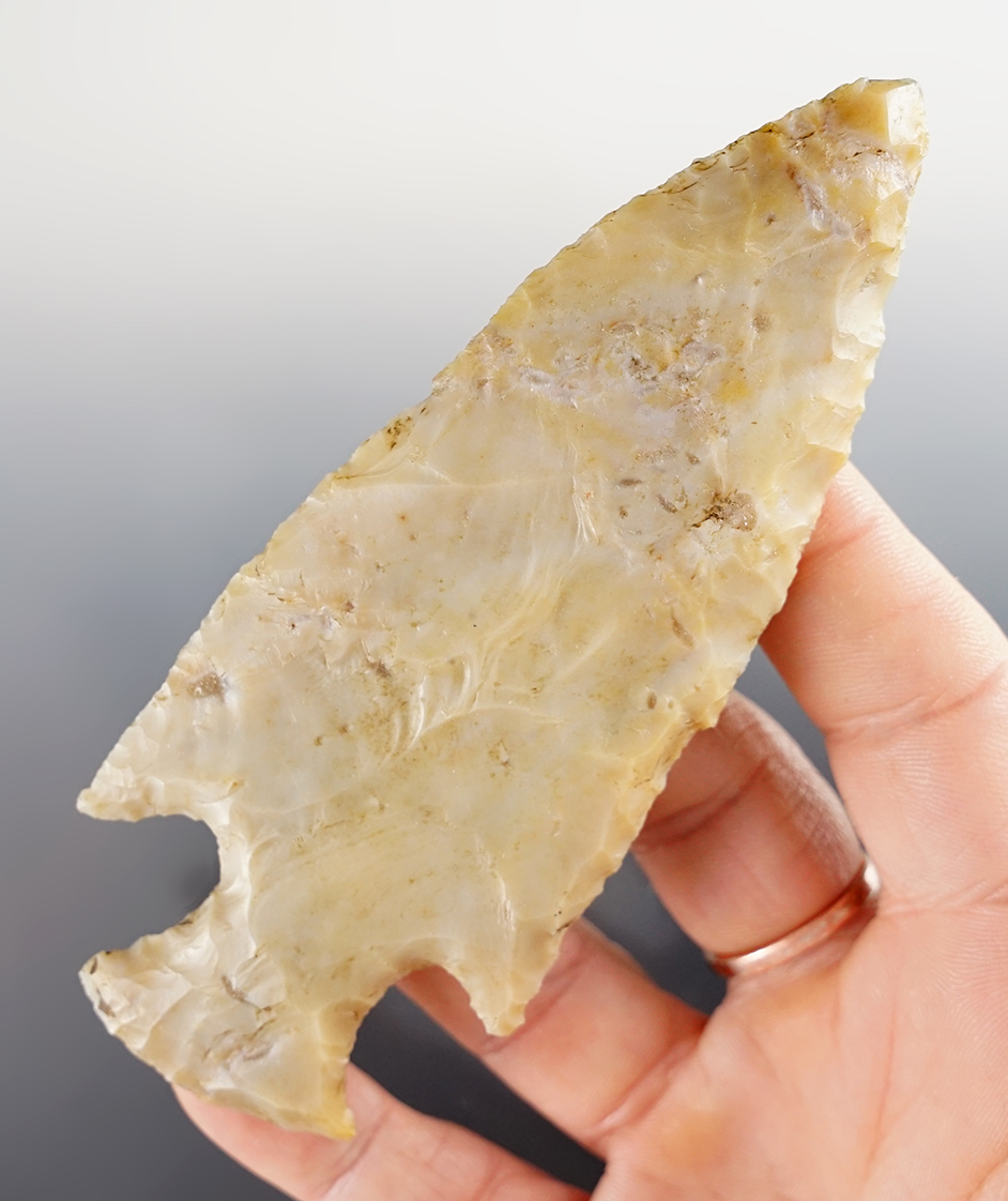 Rare and classic 4 1/2" Hopewell made from Flint Ridge Chalcedony. Found in Summit Co., Ohio. 