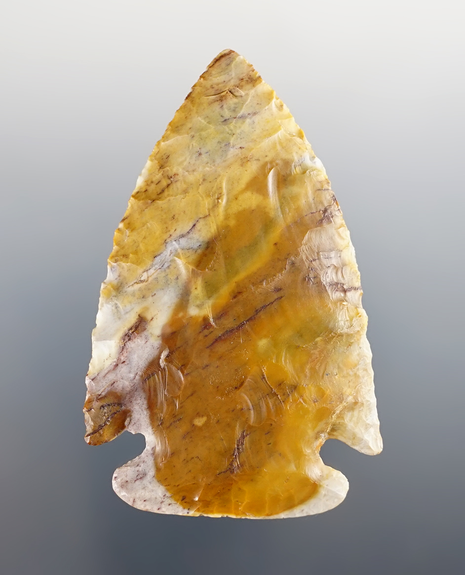 2 5/8" Flat Base Dovetail made from Flint Ridge Flint. Found in Licking Co., Ohio. One restored barb. 