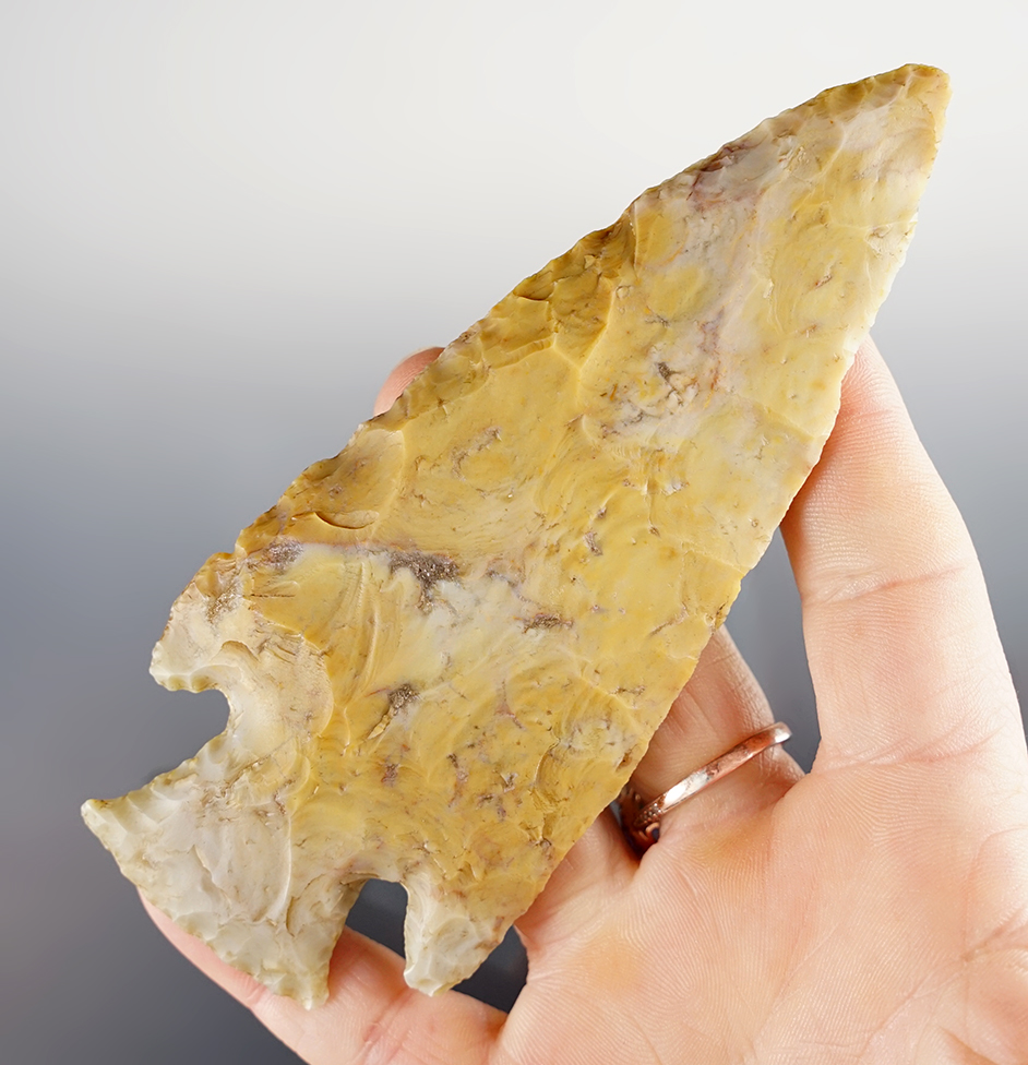 5" highly colored Hopewell made from Flint Ridge Chalcedony. Found in Crawford Co., Ohio.