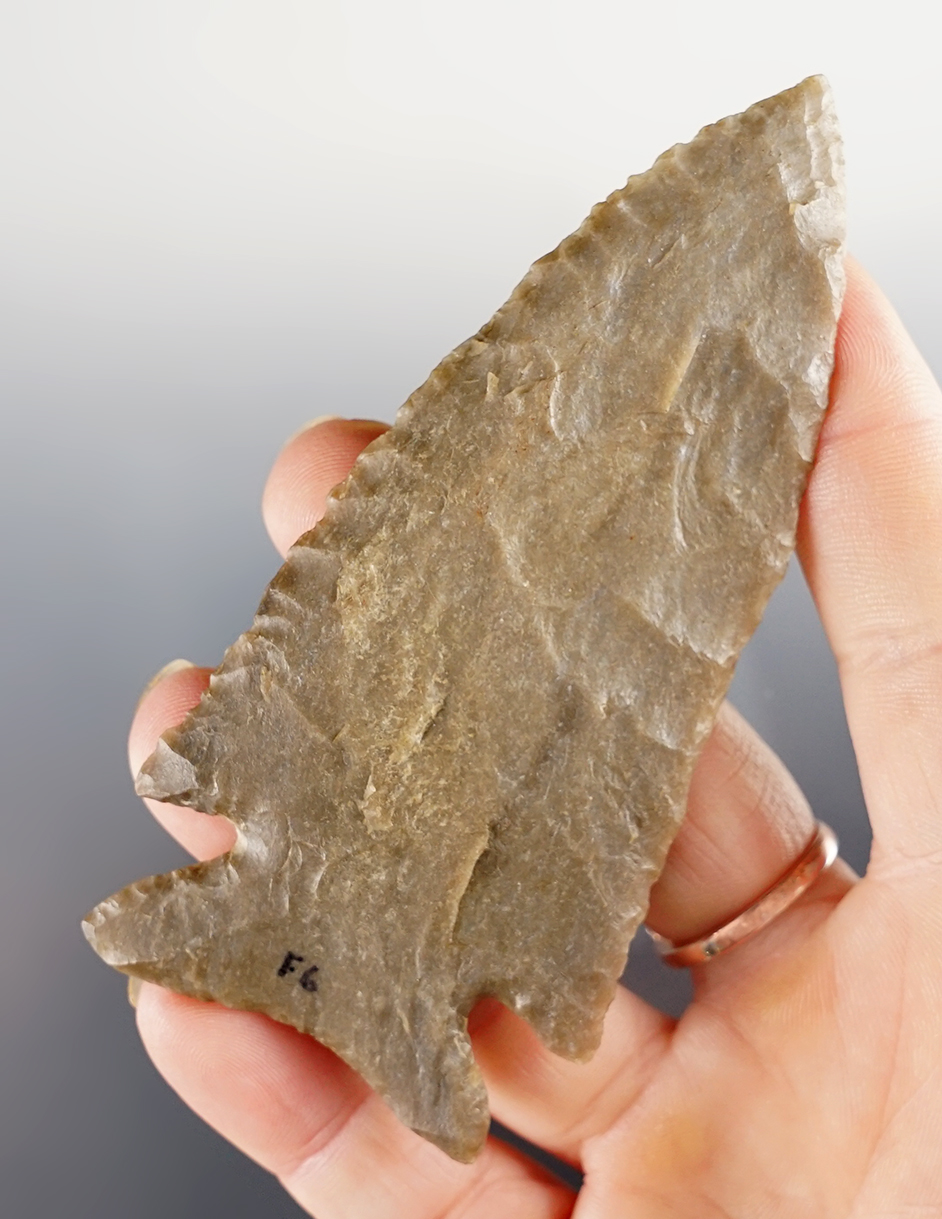3 7/8" Archaic Stilwell found in Fairfield Co., Ohio. Classic. Made from Coshocton Gray Flint.