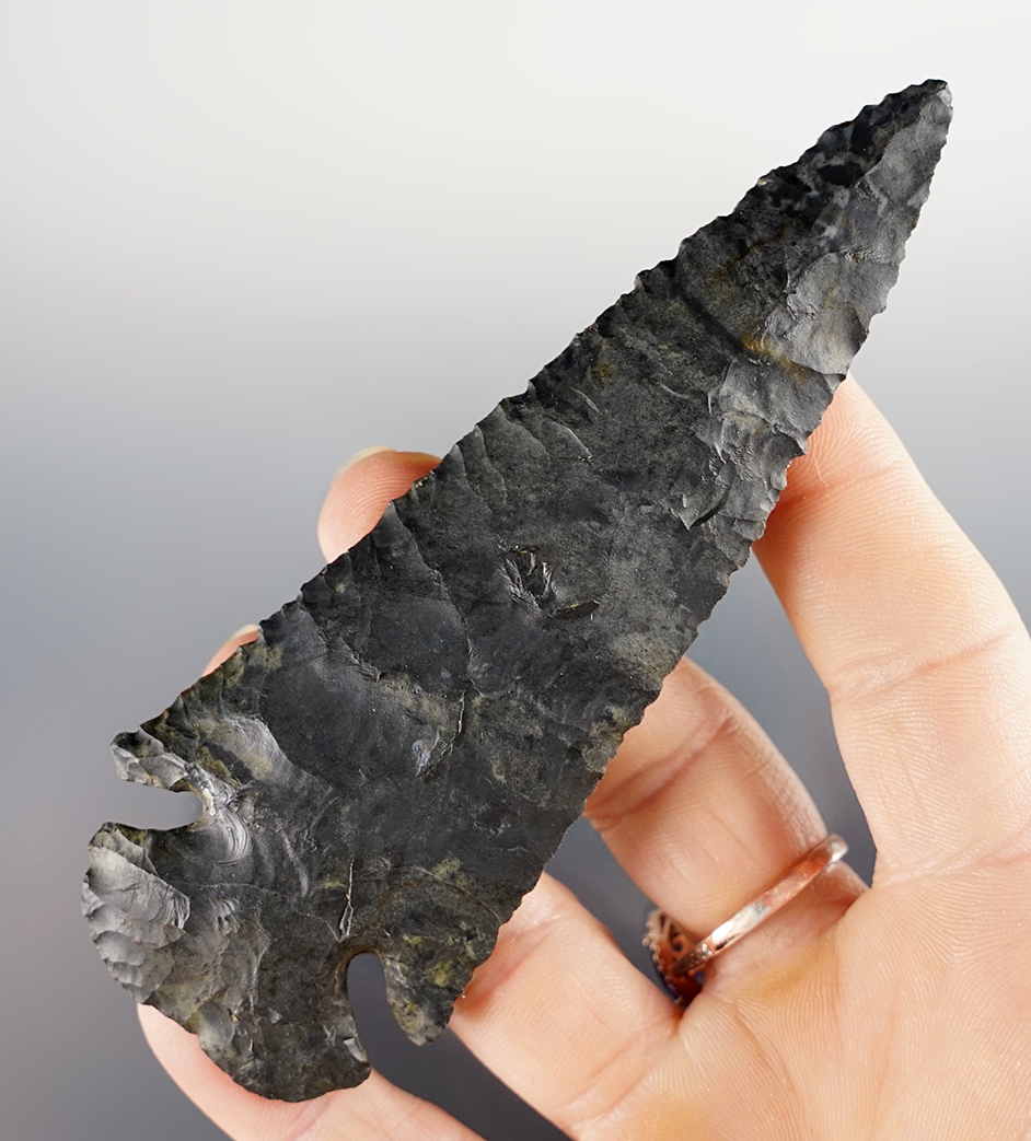 4 1/2" Archaic Thebes Bevel made from Coshocton Flint. Found near Bolivar, Stark Co., Ohio. 