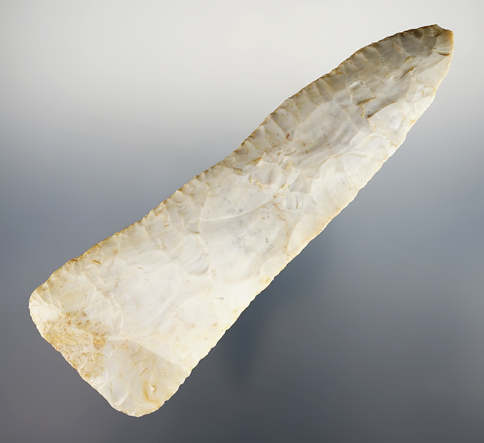 6" Cobbs Blade made from Flint Ridge Chalcedony. Nice beveling. Found in Licking Co., Ohio.