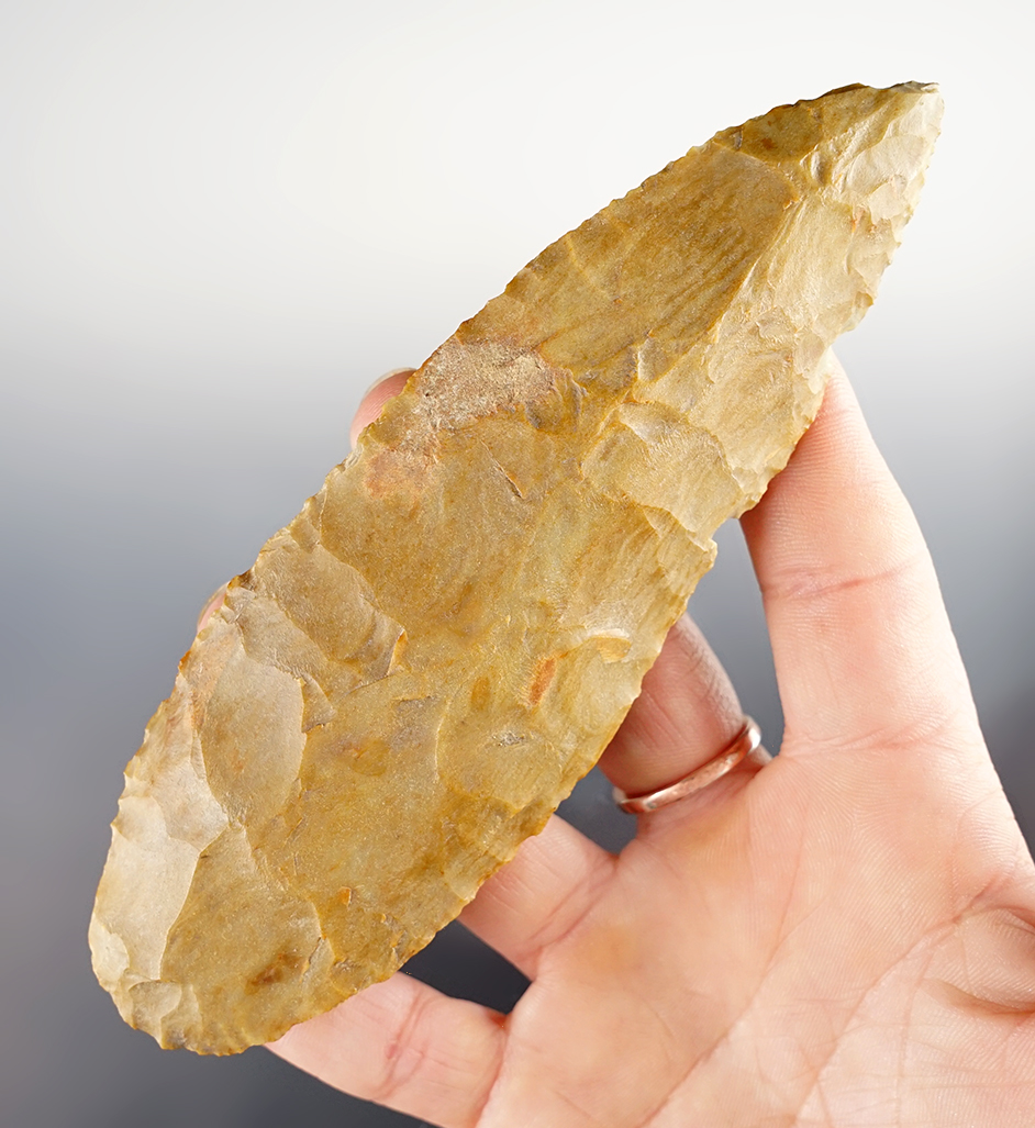 Large 5 1/2" Knife made Plum Run Flint. Found in Shelby Co., Ohio. Ex. William Quinn.