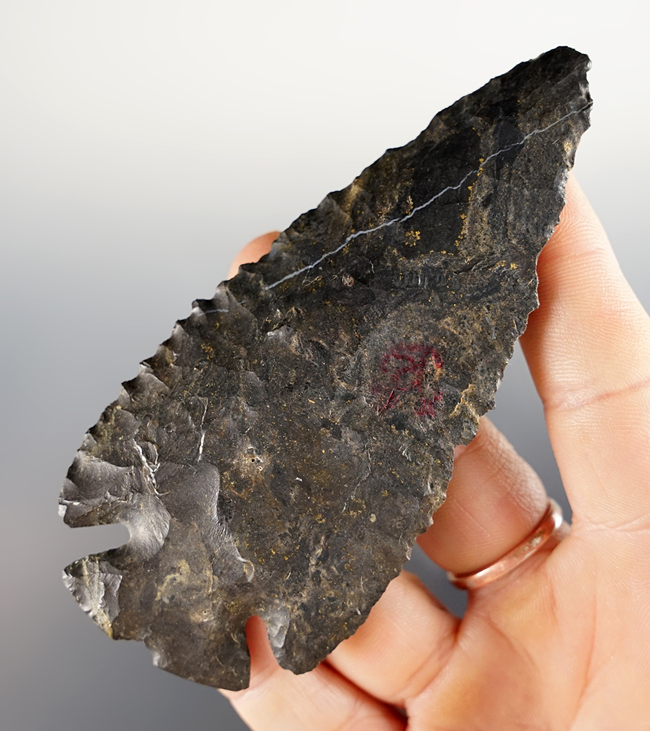 4 1/8" Notched Base Dovetail made from Coshocton Flint. Classic style. Found in Wayne Co., Ohio.