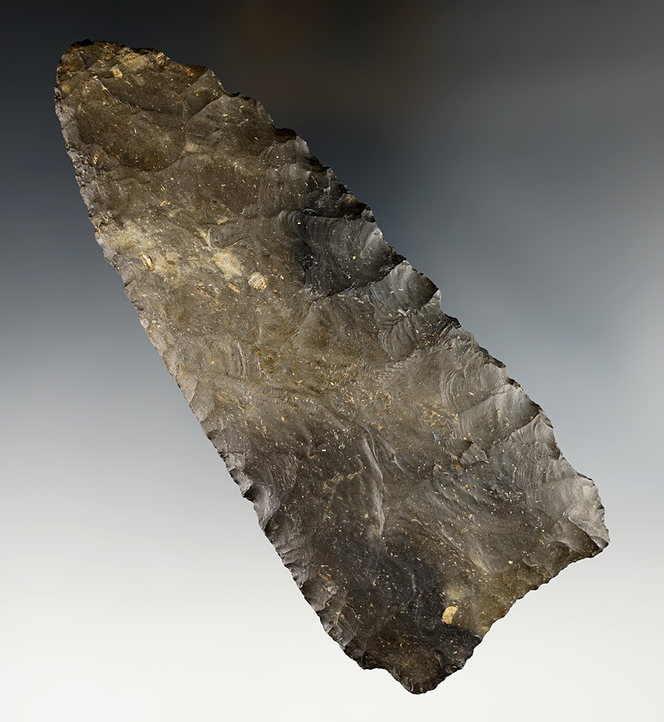 Large 5 1/8” Paleo Blade made from Coshocton Flint. Found in Coshocton Co., Ohio. Davis COA.