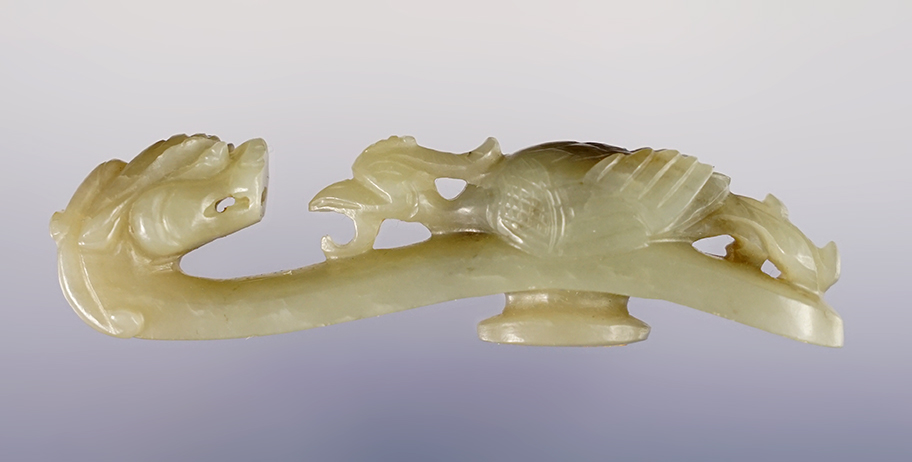 3 11/16" beautifully crafted Mutton Fat Jade Belt Hook. Recovered in China. 