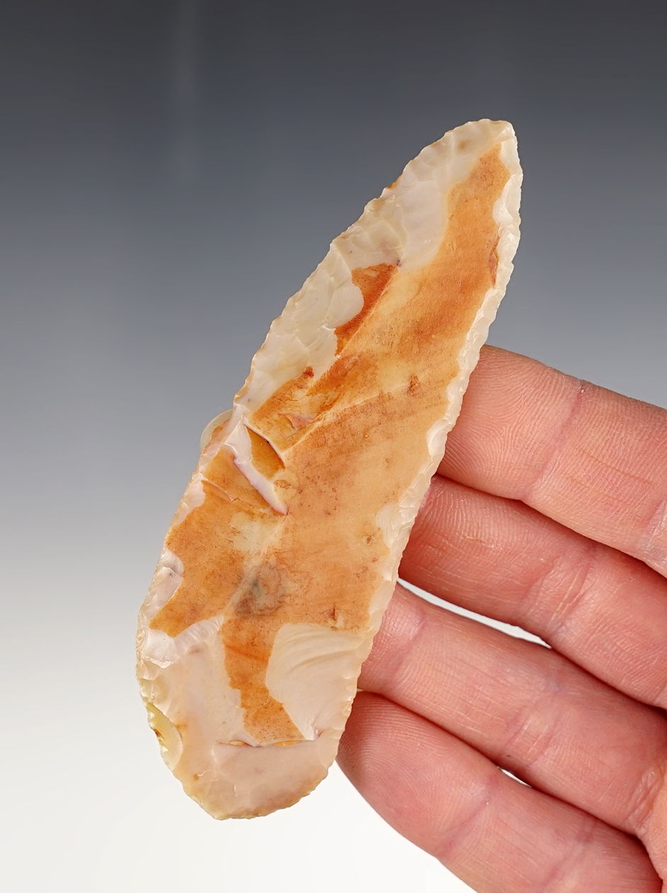 3 13/16" Uniface Knife made from Flint Ridge Flint. Found in Monroe Co., Ohio. Ex. W. Dudkewitz.