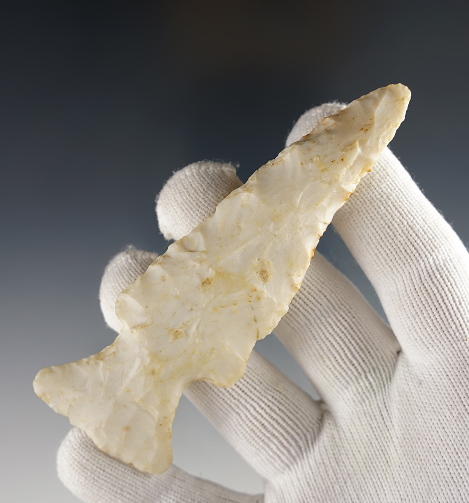 3 15/16" Ohio Thebes that was heavily resharpened in ancient times. Flint Ridge Flint.