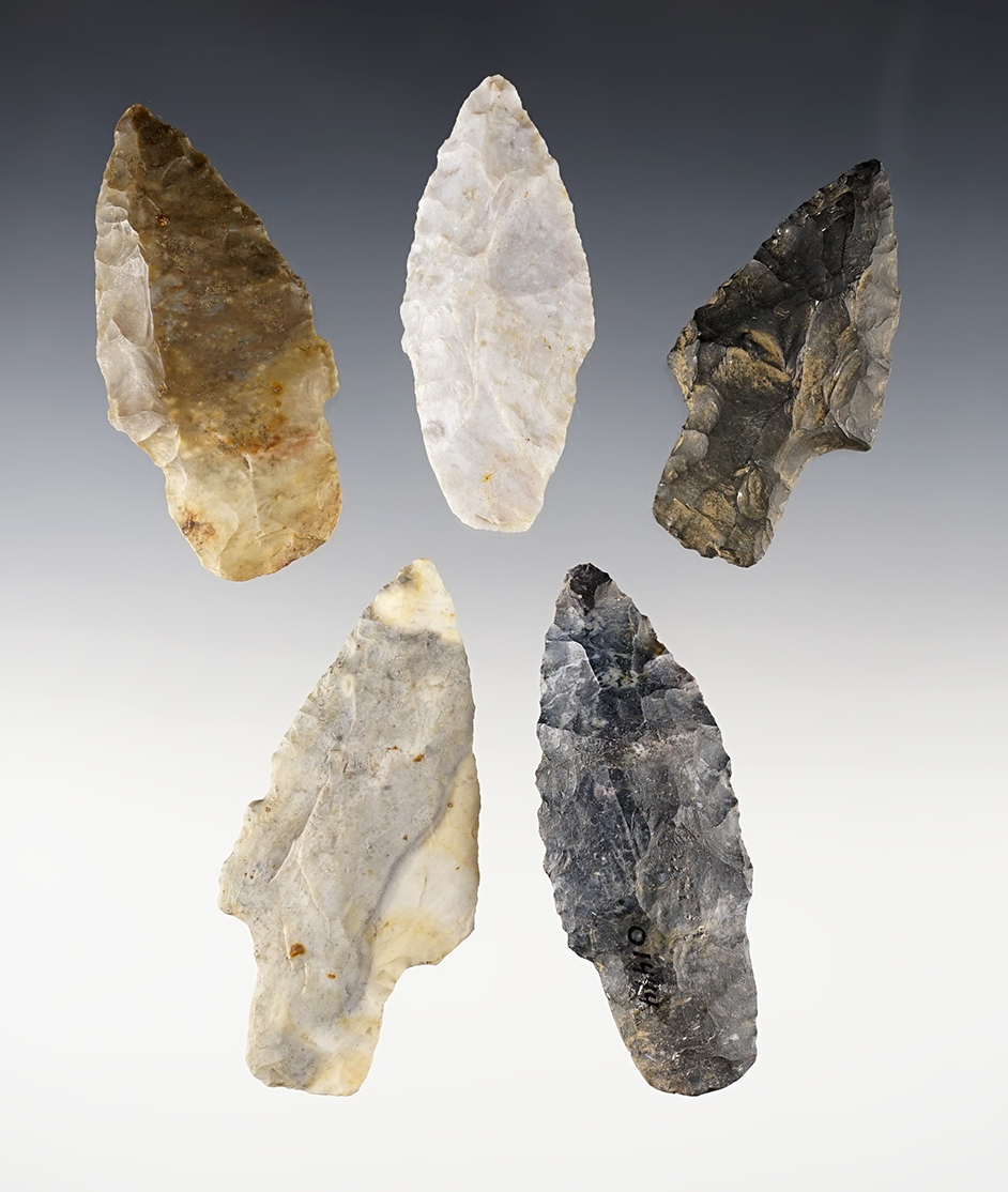 Set of 5 Ohio Adena points in good condition. Nice variety of materials. Largest is 2 13/16".