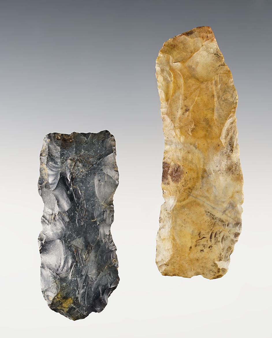 Pair of well patinated Paleo Square Knives found in Ohio. The largest is 3 9/16".