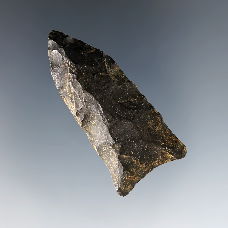 1 15/16" Paleo Quad - Coshocton Flint with nice grinding to the basal area. Found in Ohio.