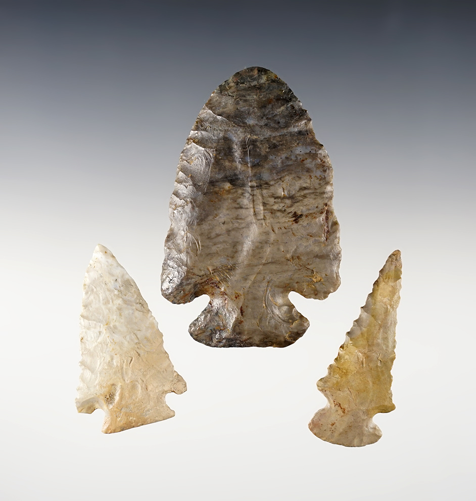 Set of 3 restored Midwest points including a 3 1/16" Thebes. 