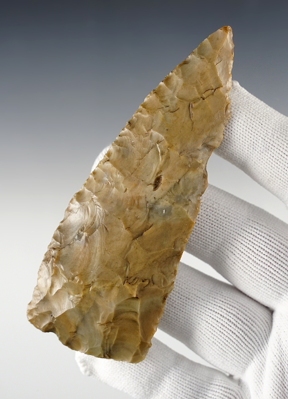 4 7/16" Triangular Knife made from high-grade glossy Flint. Shelby Co., Ohio. Bennett COA.