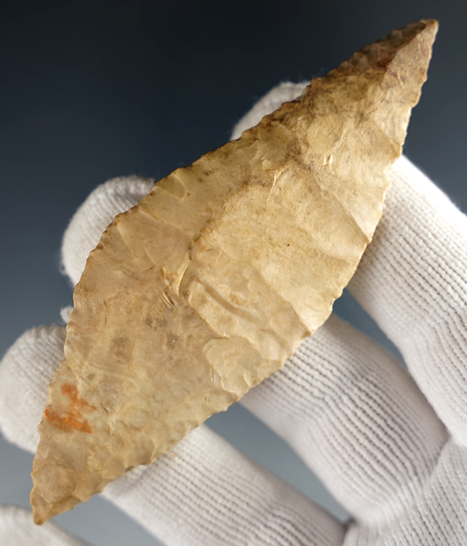 3 9/16" Harahey Four Bevel Knife made from patinated chert. Found in the Plains area. 