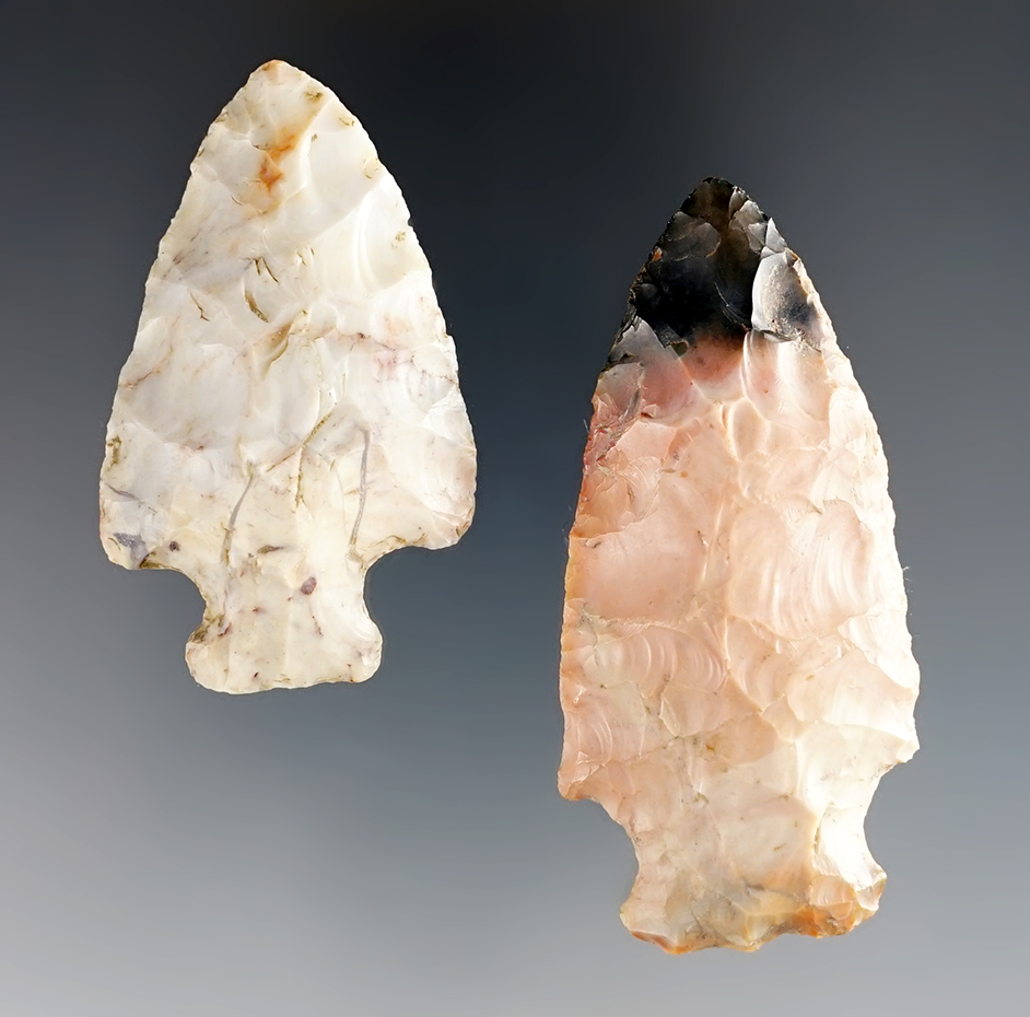 Pair of colorful Ohio points made from Flint Ridge Flint. 1 is Ex. Dilley and Parks collection. 