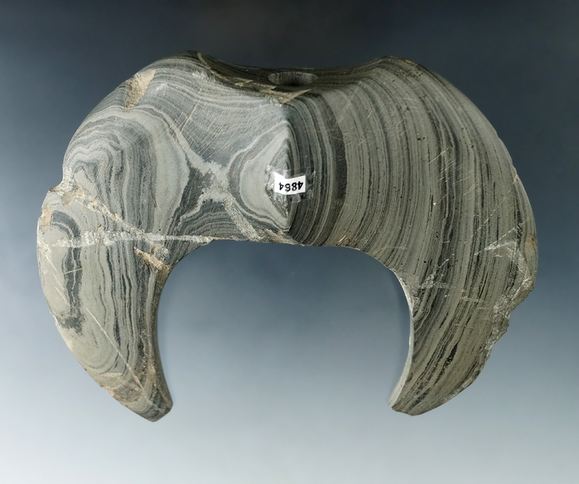 Exceptionally rare style! 5" Banded Slate Crescent Bannerstone found in Atlanta, Indiana.