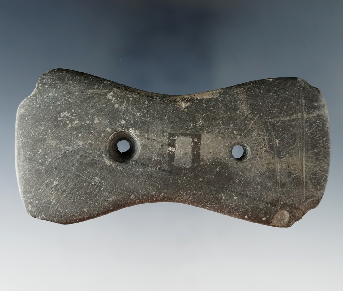 3 3/4" Gorget made from Slate, found in Darke Co., Ohio.  Ex. Don Elleman.