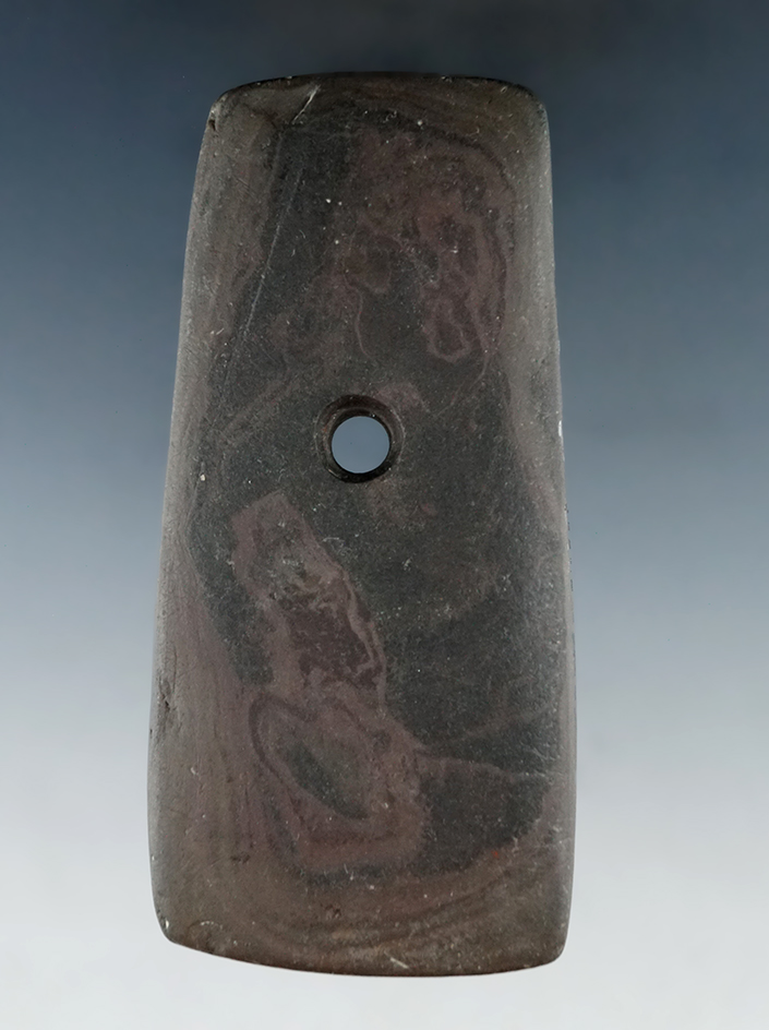 4 3/16" Red Banded Slate Pendant found in Fulton Co., Ohio, with a few light tallies along the top.