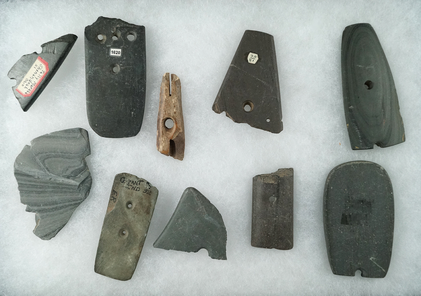 Group of 9 broken or salvaged Slate artifacts found in Ohio.  Largest is 3 3/16".