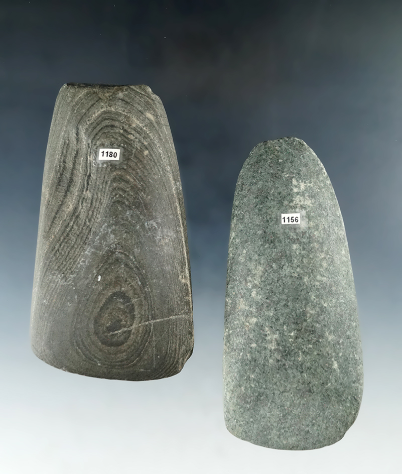 4 9/16" Hardstone Celt and a 4 1/4" Slate Adze, both found in Miami Co., Ohio.