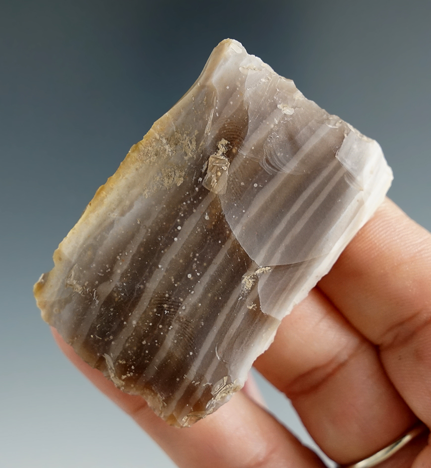 2" Square Knife made from nicely banded flint, found in Bandera Co., Texas.  Rogers COA.