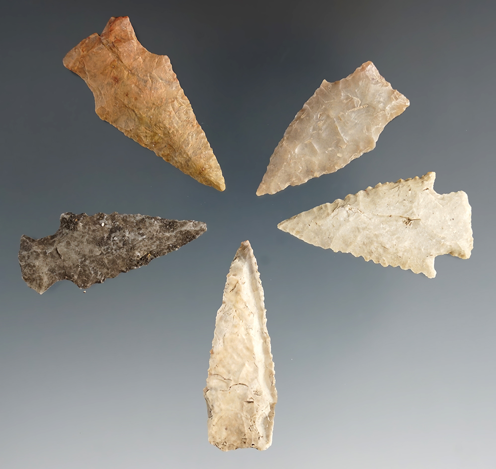 Set of five arrowheads found in Texas, largest is 1 11/16".