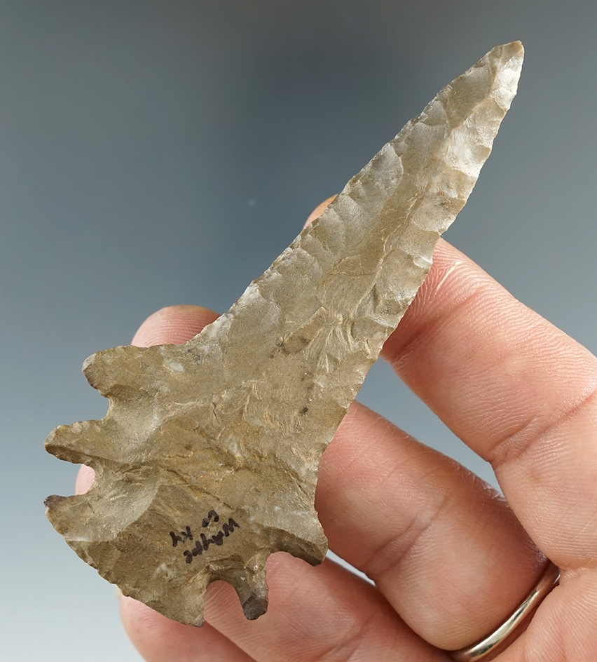 3 1/8" Merkle made from Ft. Payne Chert, found in Tennessee. Comes with a Davis G-9 COA.