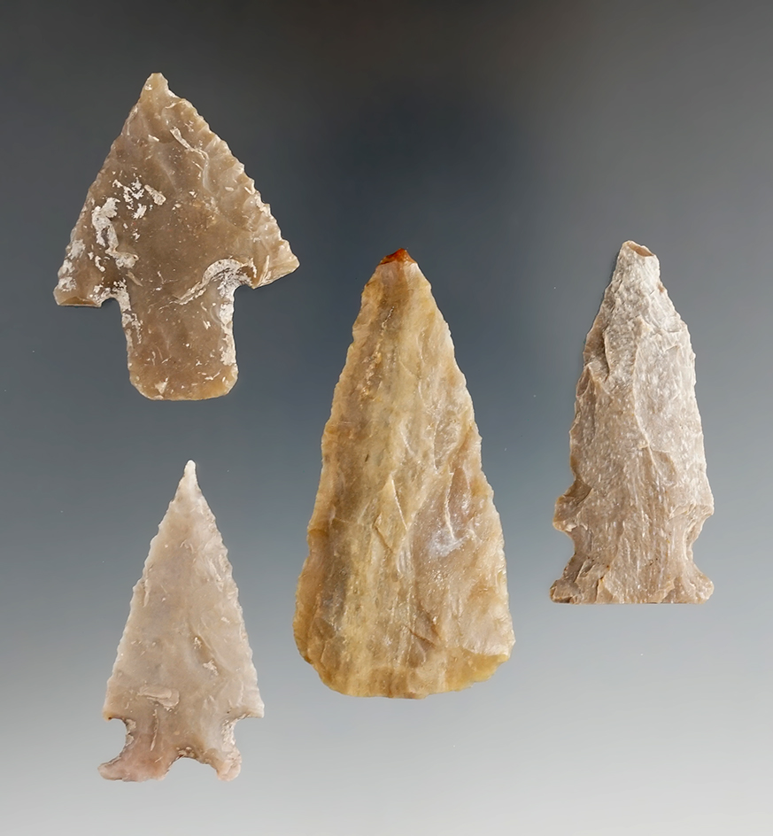 Set of four assorted points found in Texas, largest is 2 7/16".