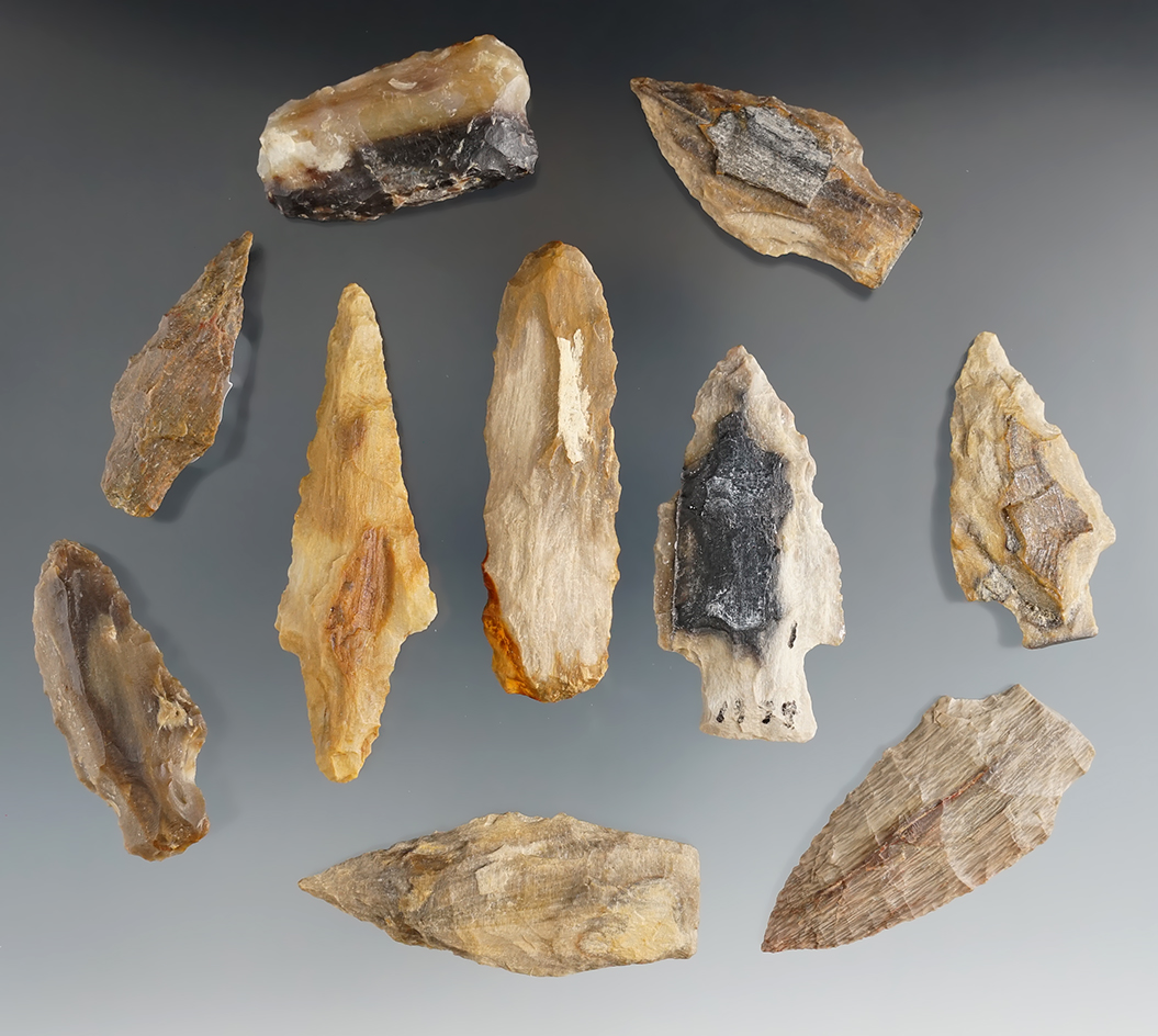 Group of 10 assorted flaked artifacts made from petrified wood, largest is 2 5/8".