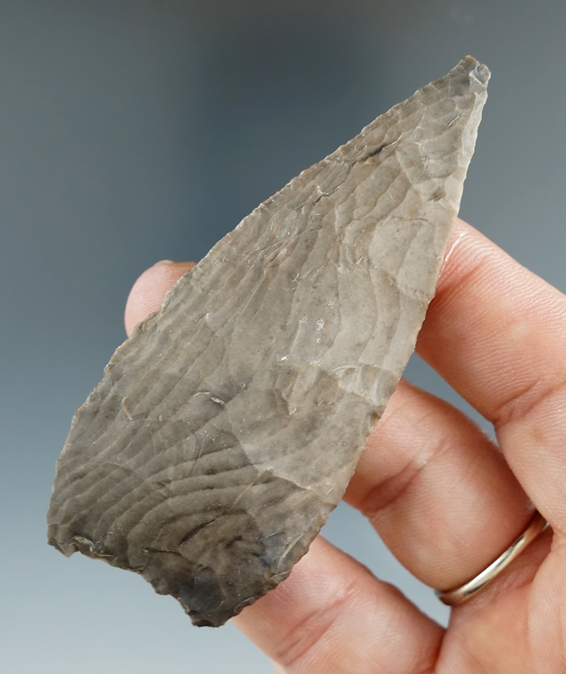 3 1/8" Kinney made from gray banded chert, found in Uvalde Co., Texas.  Rogers COA.