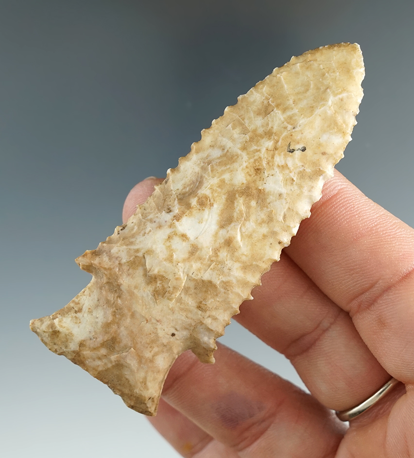 2 7/8" Hardin made from heavily patinated chert, found in Southeastern Illinois.  Jackson COA.