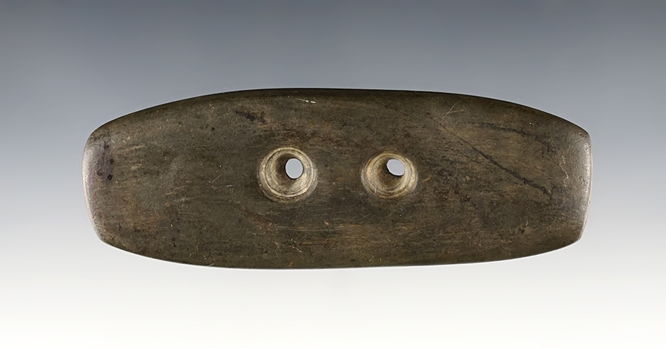 Well polished 4 1/4" Gorget made from deeply patinated Banded Slate. Ohio/Indiana area.