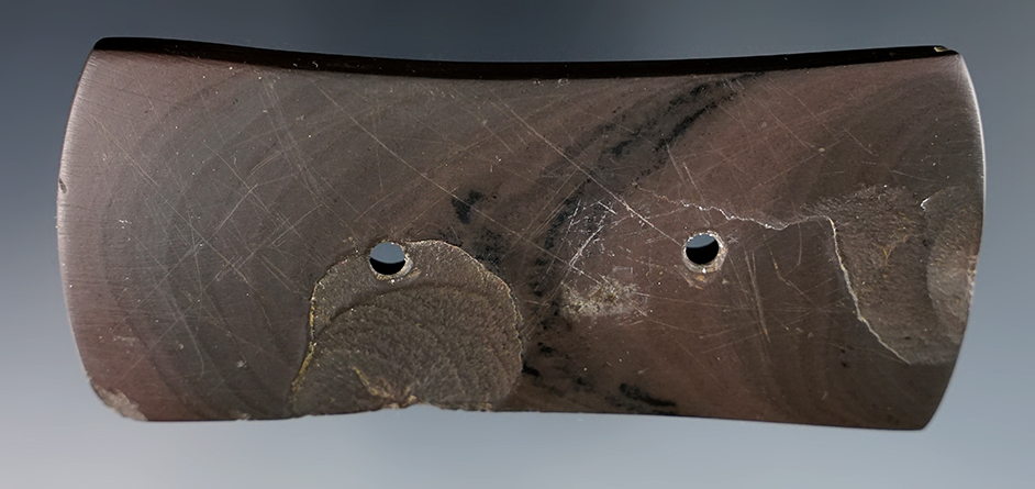 Fine 4 3/8" Adena Bi-Concave Gorget made from red and black slate. found in Hancock Co., Ohio.