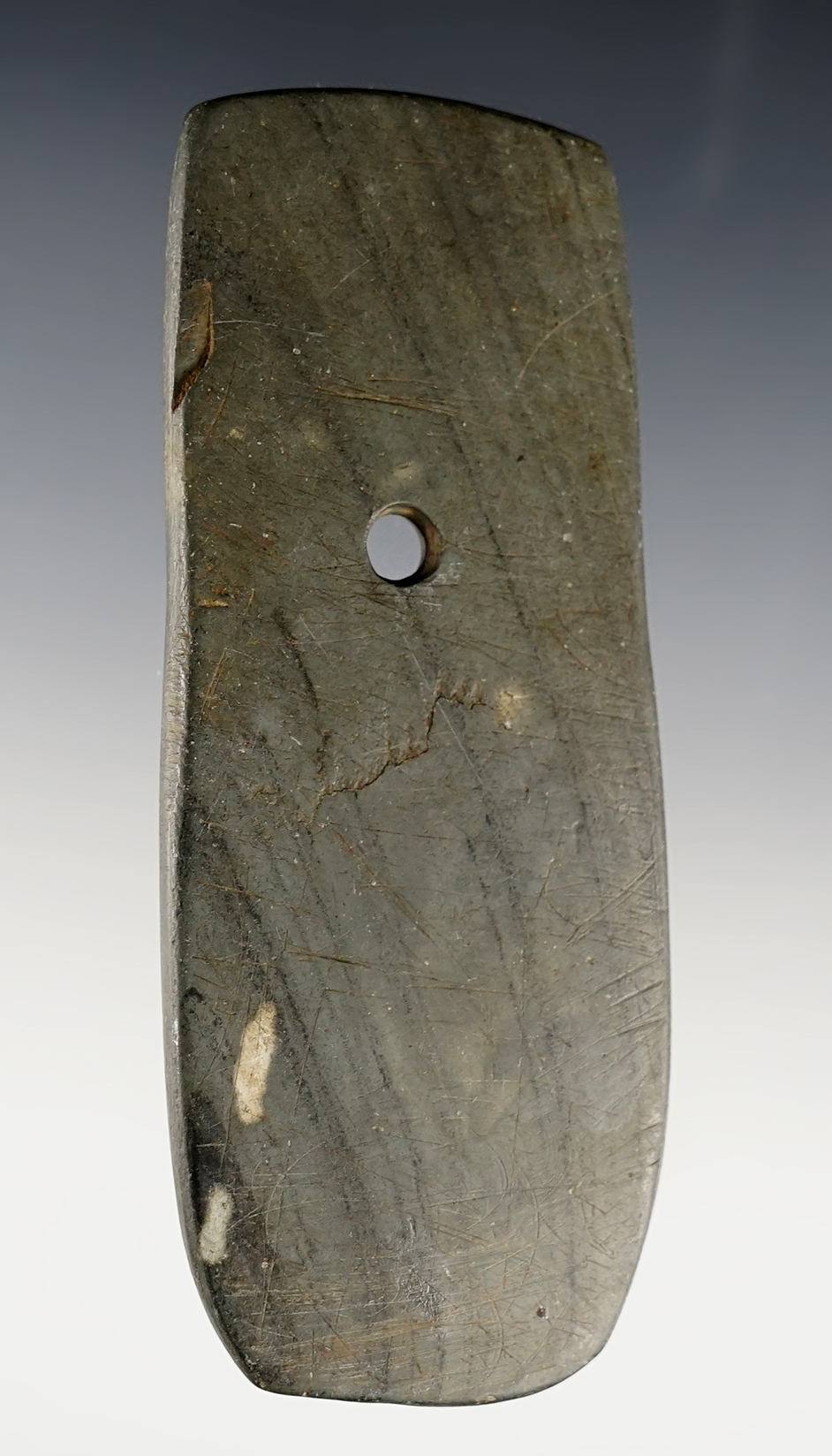 Thin 4 1/8" Keyhole Pendant made from patinated Banded Slate. Found in the Ohio/Indiana area. 