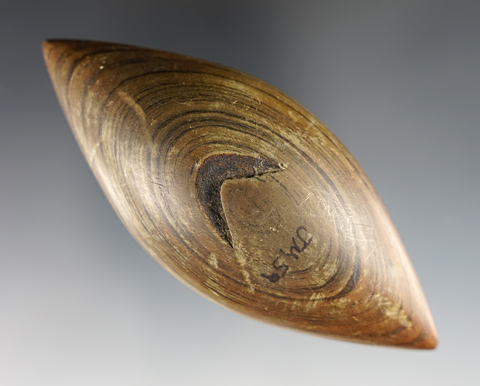 4 1/8" undrilled Pick Bannerstone. Mercer Co., Ohio. Made from colorful Banded Slate.