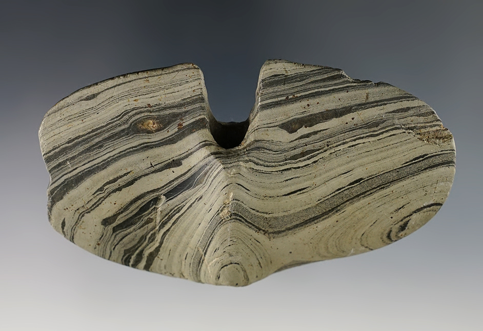 4" highly Banded Slate Single Notch Wing Bannerstone. One wing has ancient rework - Ohio. 