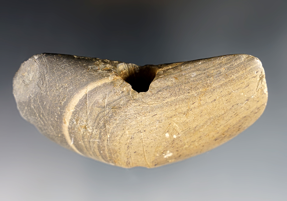 3 3/4" x 1 3/4" Wing Bannerstone - Banded Slate. Knox Co., Ohio. Engraved on both faces.