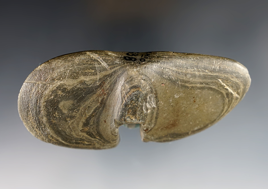 4 1/8" Undrilled single notch Wing Bannerstone - Ohio. Made from patinated Banded Slate.