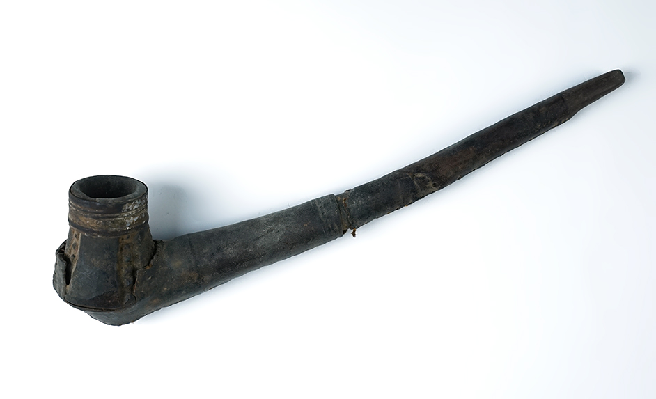 9" long vintage Arabic Pipe made from wood, leather and clay. 